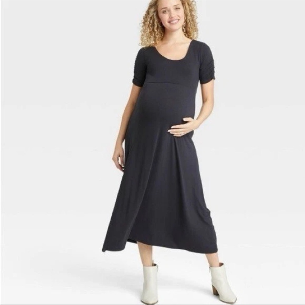 The Nines by Hatch Short Sleeve Shirred Maternity Dress Black, XS